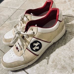 Authentic Size 8 men’s Gucci Shoes Red/White & Beige. Perfect condition no flaws